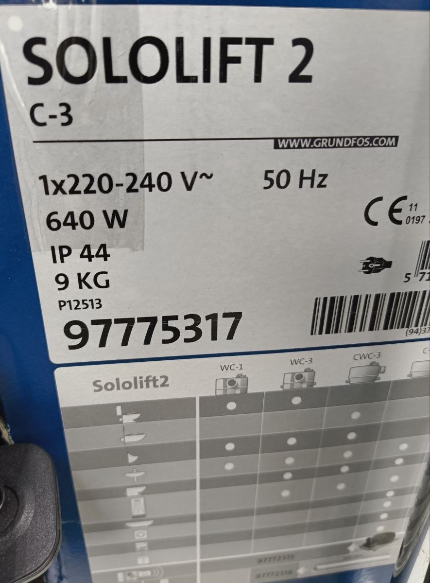 Канализационная насосная станция Grundfos Sololift 2 C-3. арт. 97775317. 220-240V. 50 Hz. 640W. в заводской упаковке. страна производства - Сербия. информация согласно упаковки. Дата изготовления не установлена.